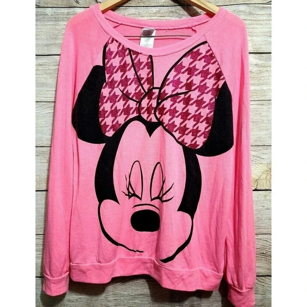 Disney Minnie Mouse Graphic Sweatshirt Junior Large 11/13 Pink Black Glitter